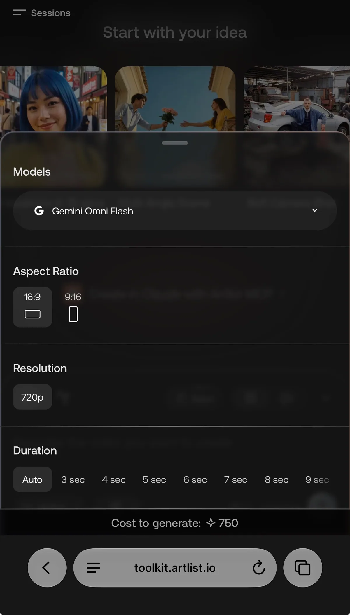 Artlist mobile interface with Gemini Omni Flash model and vertical video settings