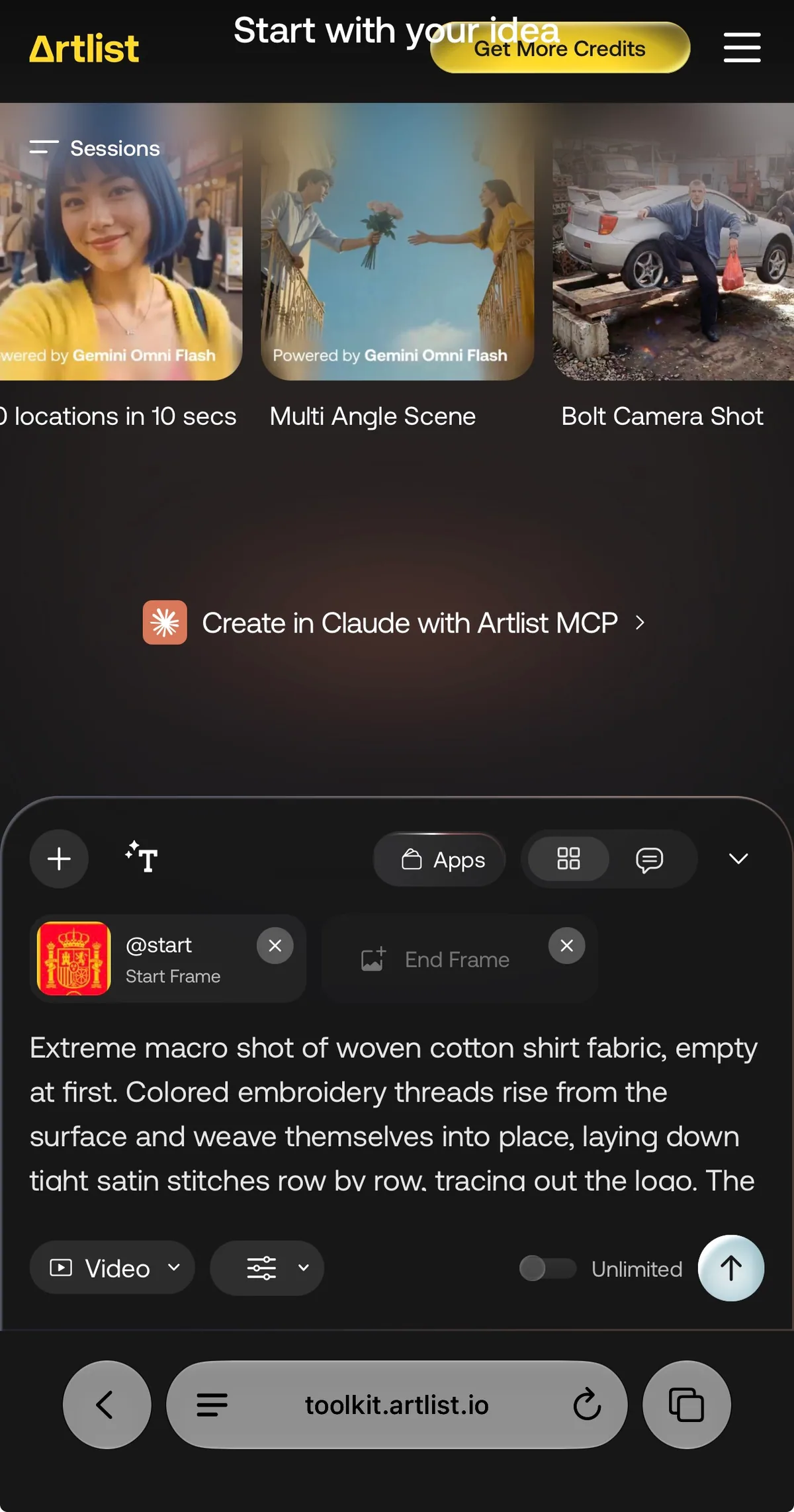 Artlist mobile interface showing the embroidery animation prompt