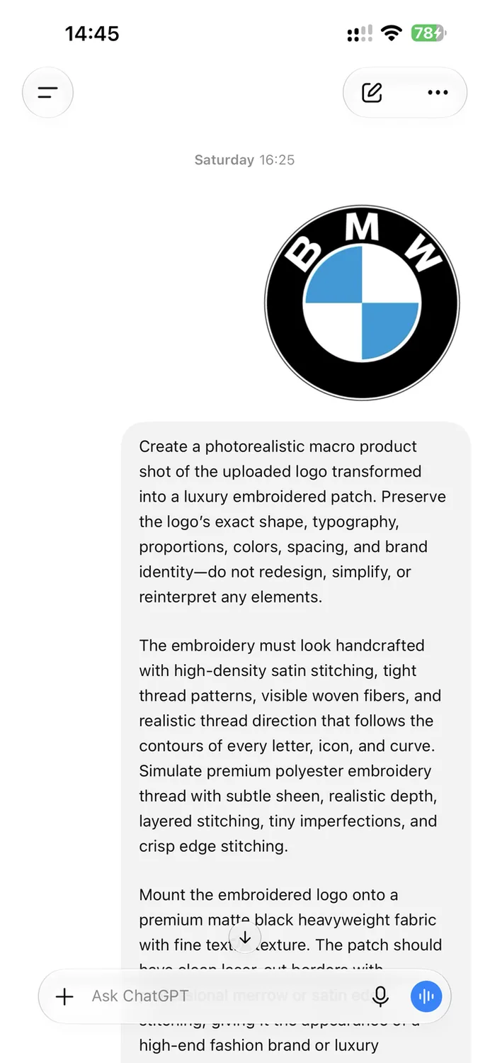ChatGPT mobile conversation showing the embroidered logo image prompt