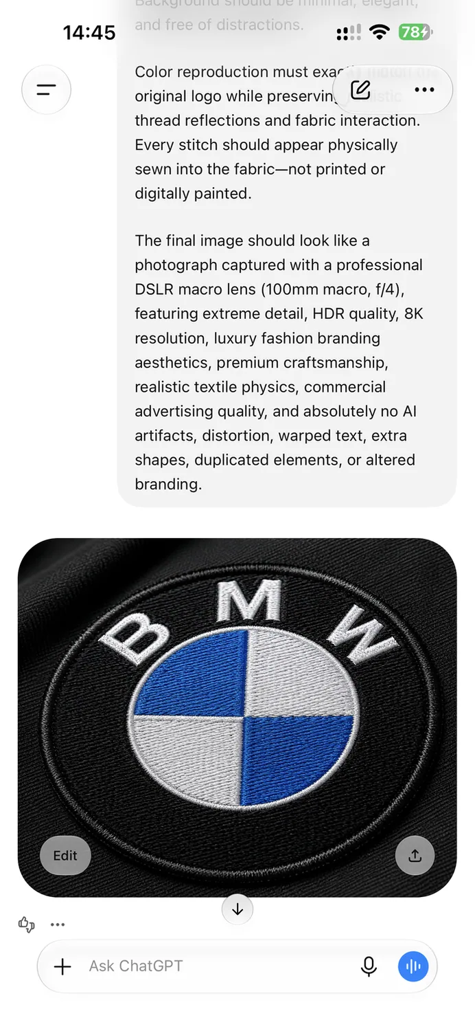 ChatGPT mobile screen showing a completed embroidered logo result